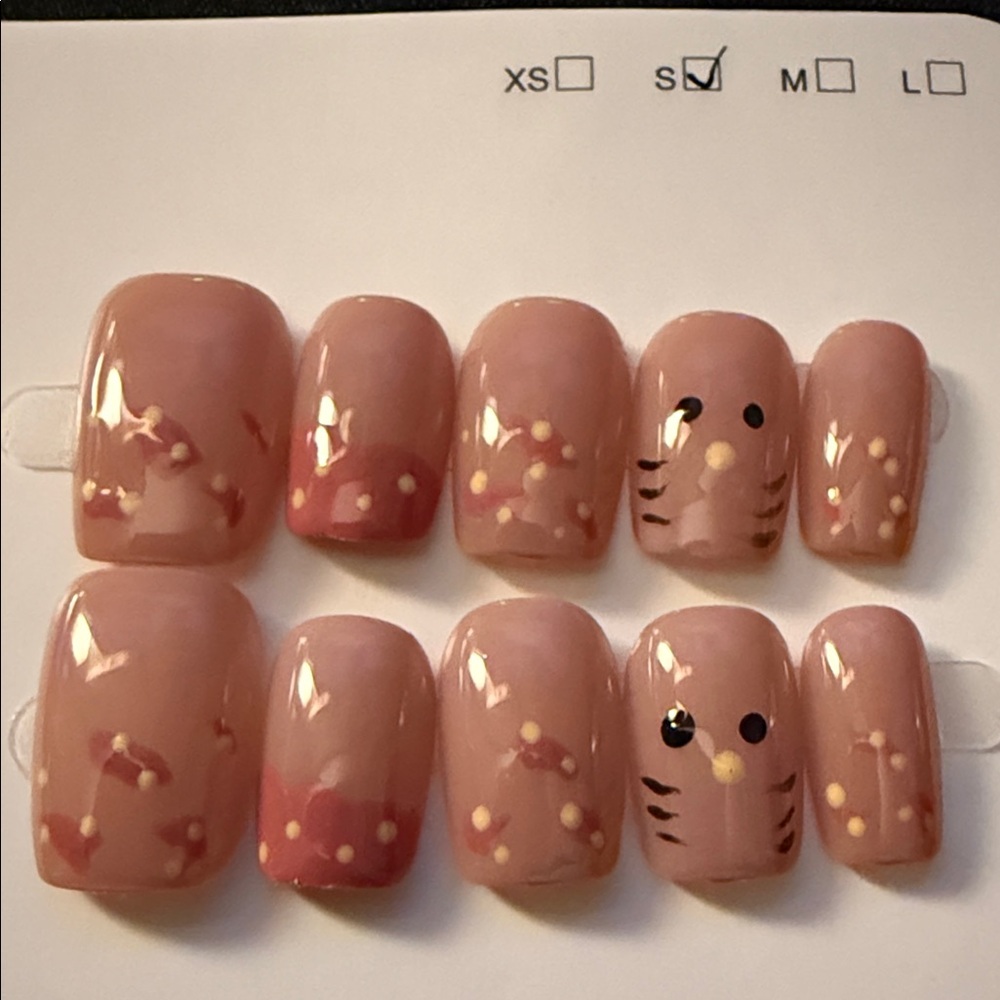 Cat-Themed Pink Nail Set Small Short